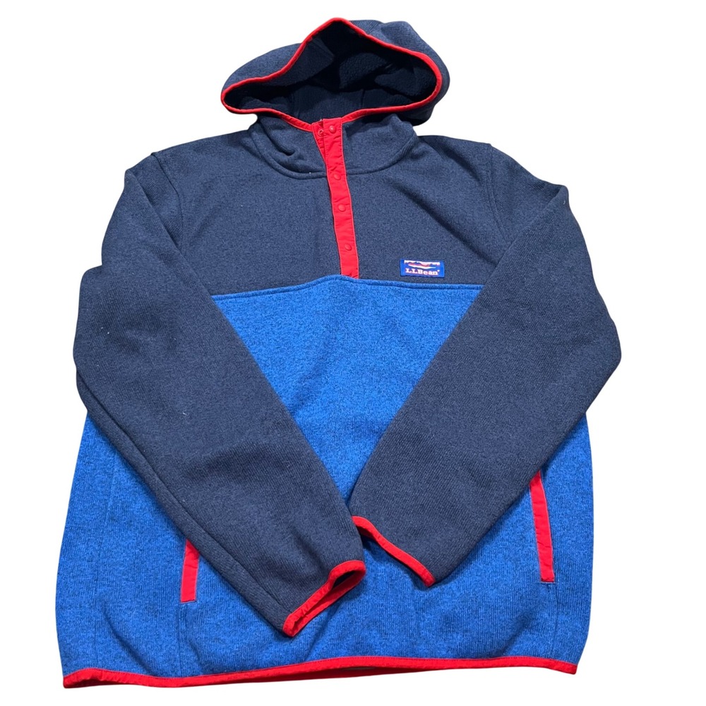 LL Bean Mens Sweater Fleece‎ Hoodie Pullover Blue Red Trim 502812 Medium Regular